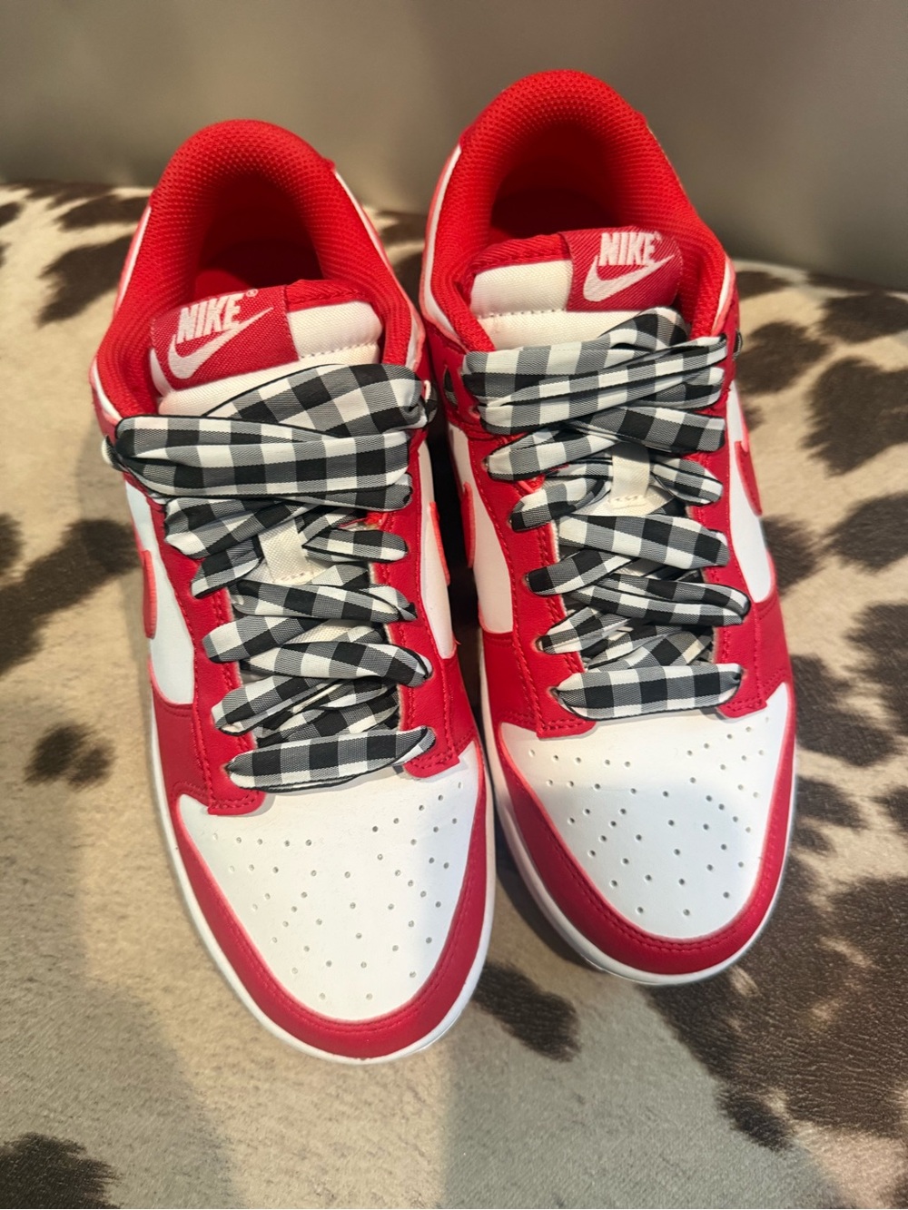 Nike Red and White Low-Top Sneakers with Checkered Laces